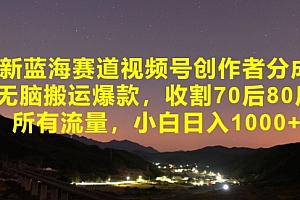 快来看(最新蓝海赛道视频号创作者分成,无脑搬运爆款,收割70后80后所有流量,小白日入1000)最新蓝海赛道视频号创作者分成,无脑搬运爆款,收割70后80后所有流量,小白日入1000,蓝海产品怎么做,